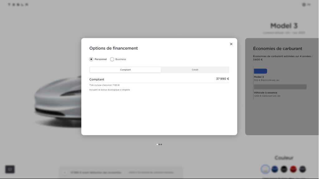 Pas de LOA/LLD sur le configurateur Tesla  // Source : Capture site Tesla