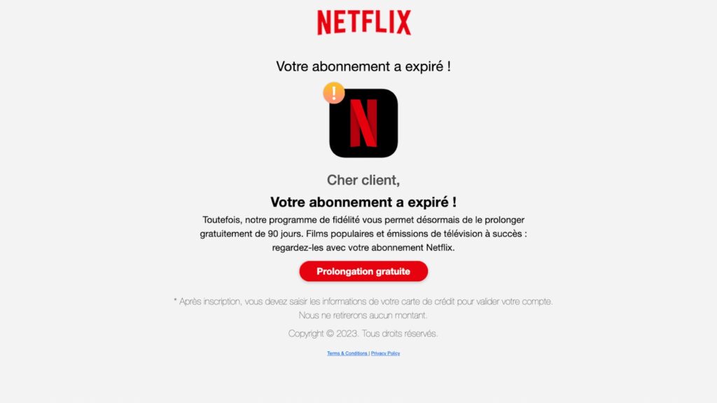 Voici une autre page frauduleuse copiant Netflix. Non seulement elle est simpliste, mais en plus l'URL débutait par multiportslip.com // Source : capture d'écran