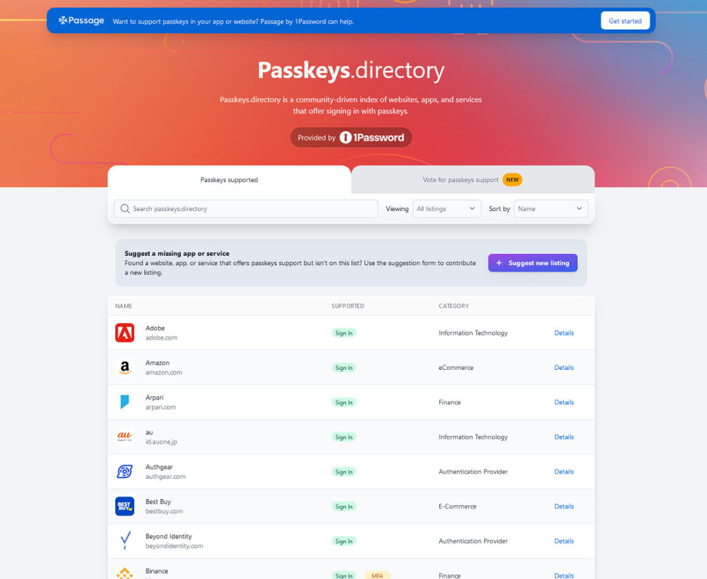 Passkeys.directory // Source : Capture d'écran