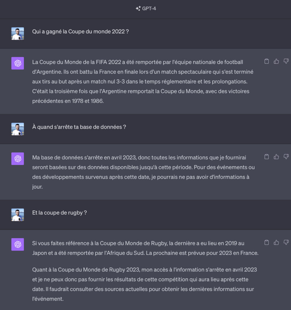 Cette conversation aurait été impossible avant le lancement de GPT-4 Turbo, à moins d'activer la recherche Bing avant (avec le risque de lui faire lire des bêtises).