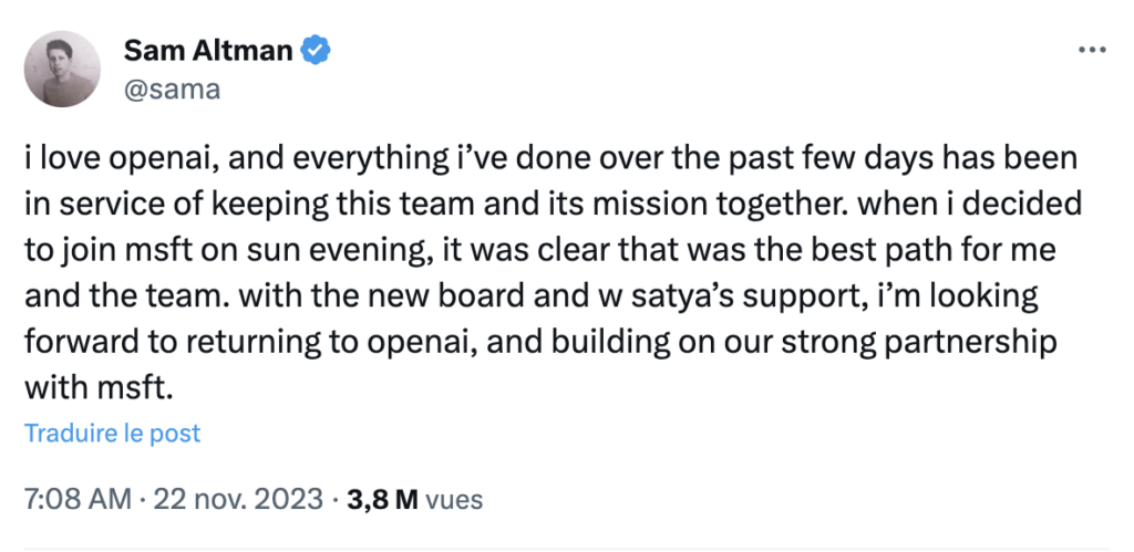 Le premier tweet de Sam Altman après son retour chez OpenAI.