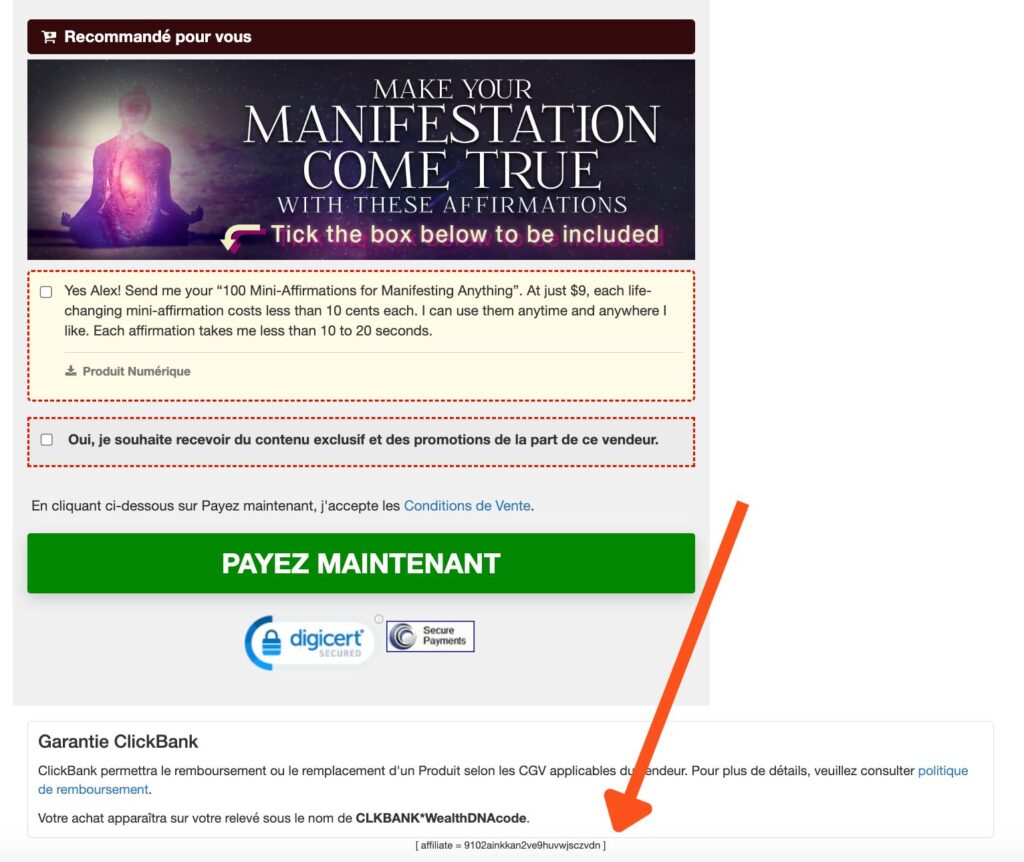 Le code d'affiliation est visible en bas de la page // Source : Capture d'écran Numerama