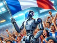 Un robot avec un drapeau français dans un stade de football. // Source : Numerama avec Dall-E 