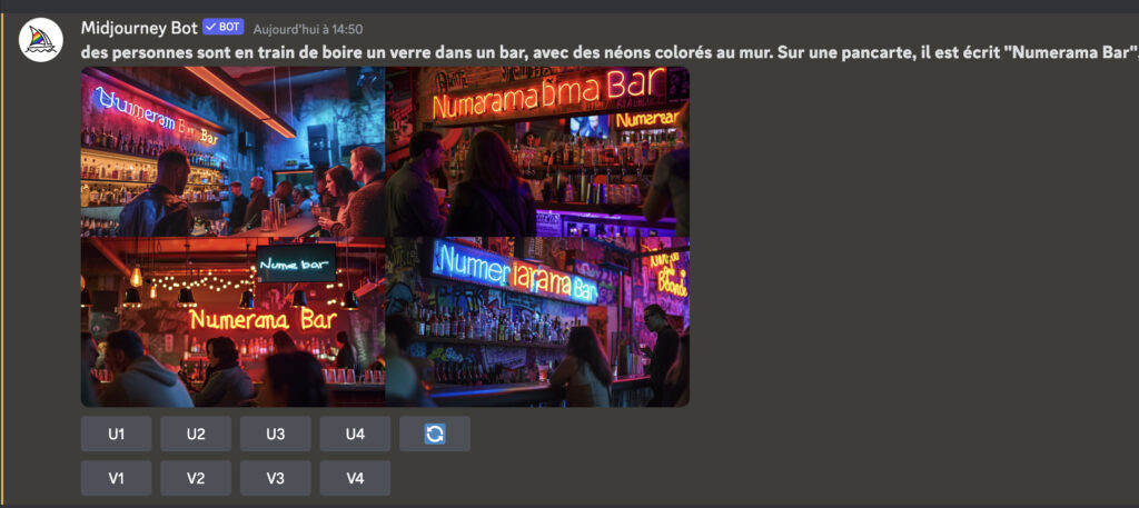 Exemple de prompt généré par Midjourney v6, avec la mention de « Numerama Bar » demandée. Il n'y arrive pas.