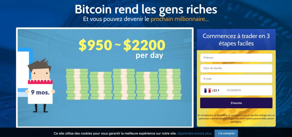 L'un des site de trading peu fiable vers lesquels les pubs redirigent // Source : Capture d'écran Numerama