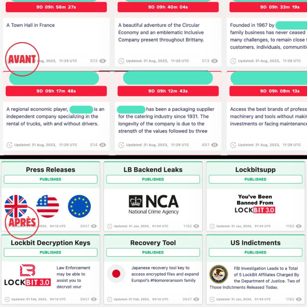 Là où les cybercriminels affichaient auparavant leur victime et leurs données, se trouvent désormais des communiqués de presse et des mandats d'arrestations.   // Source : Numerama