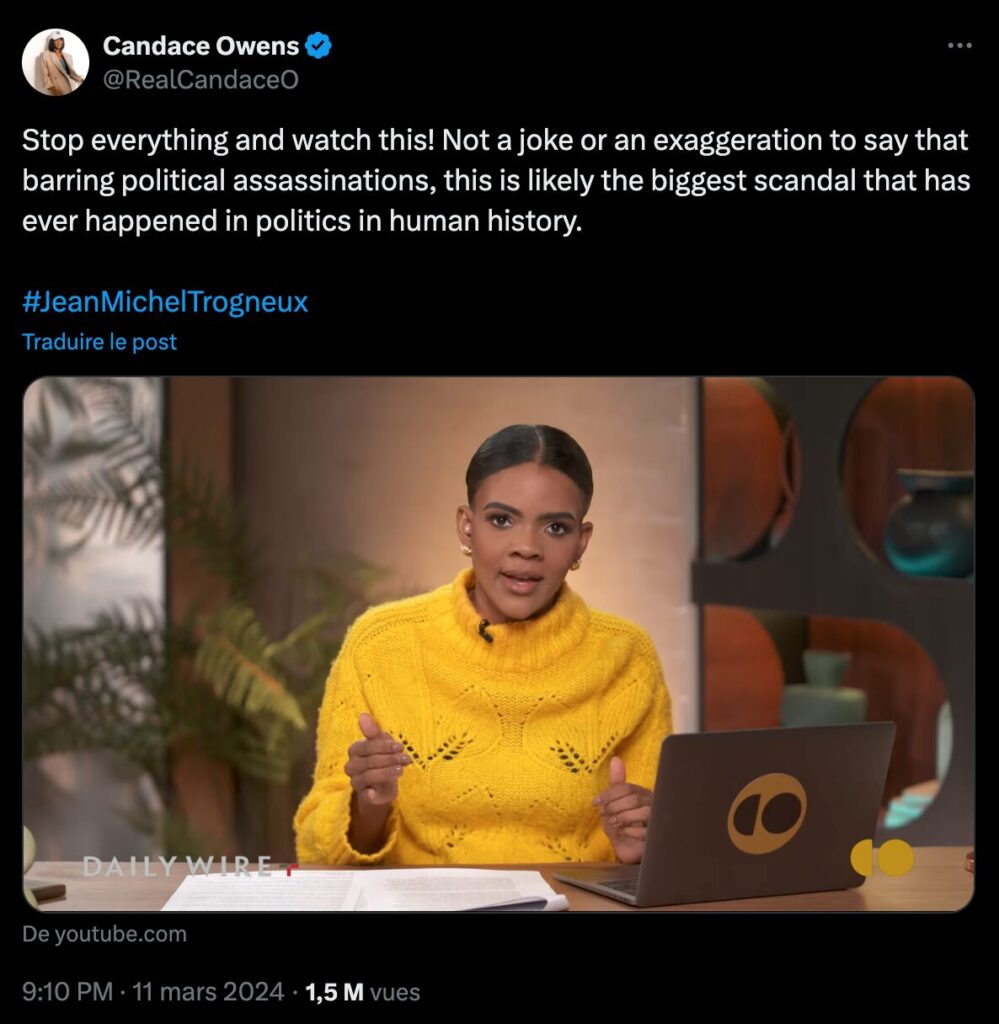 Le message de Candace Owens sur X a été vu plus de 1,5 millions de fois // Source : Capture d'écran Numerama