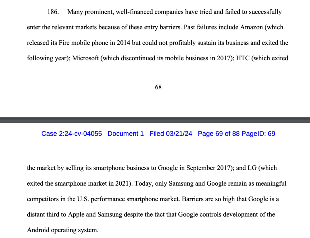 L'extrait de document qui mentionne l'échec d'Amazon, Microsoft et HTC dans le monde du smartphone.