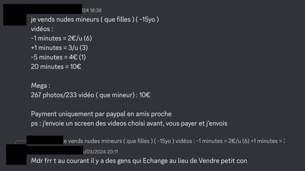 Un vendeur propose des vidéos pédopornographiques sur un serveur Discord // Source : Capture d'écran Numerama