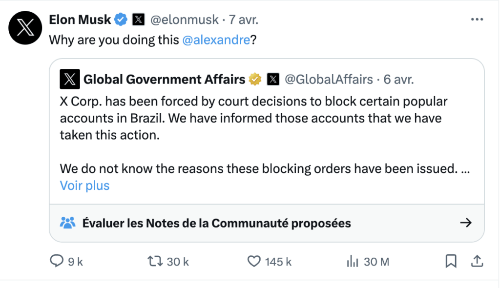 Elon Musk s'en prend publiquement au Juge du Tribunal suprême fédéral à l'origine de la demande.