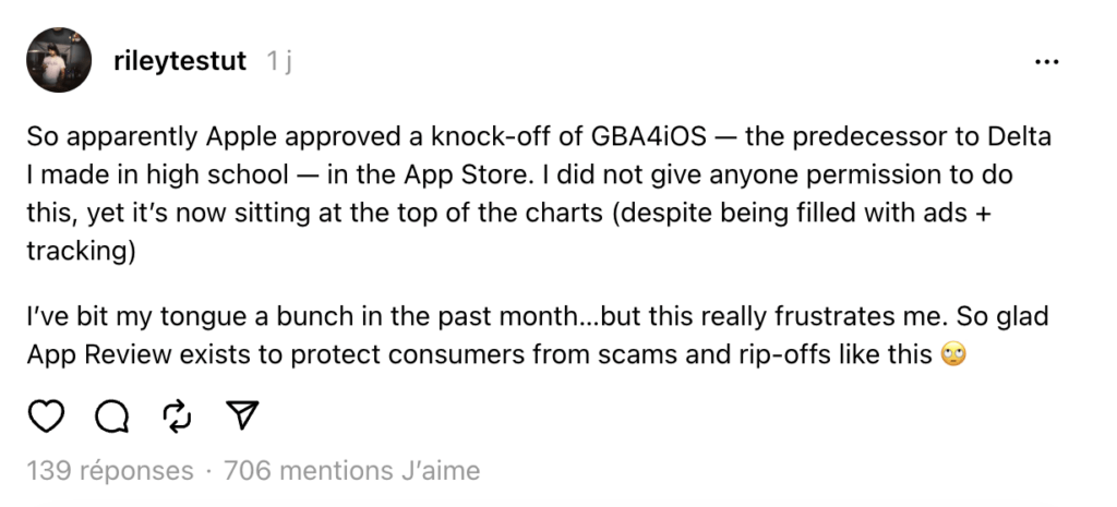 Le créateur de GBA4iOS n'en veut pas au copieur, qui est juste opportuniste, mais à Apple.