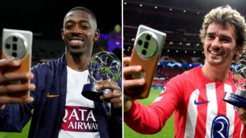 Ousmane Dembélé et Antoine Griezmann avec le mystérieux smartphone Oppo. // Source : UEFA / Montage Numerama