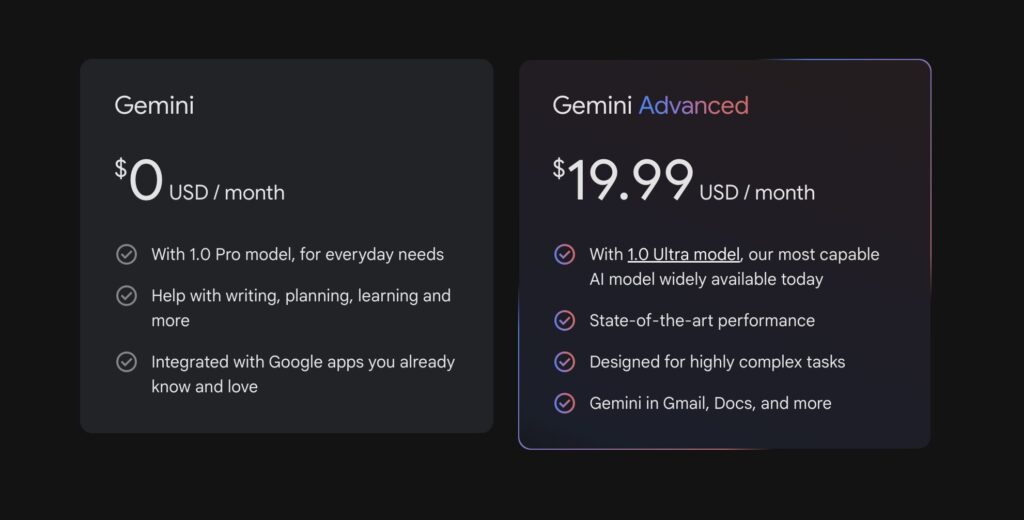 Les différentes versions de Gemini actuellement proposées aux US, avant la sortie FR.