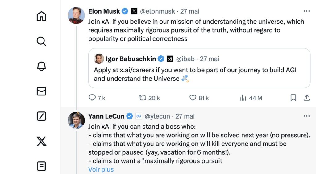 L'échange entre Musk et Le Cun a débutté sur un appel au recrutement partagé par le patron de xAI.