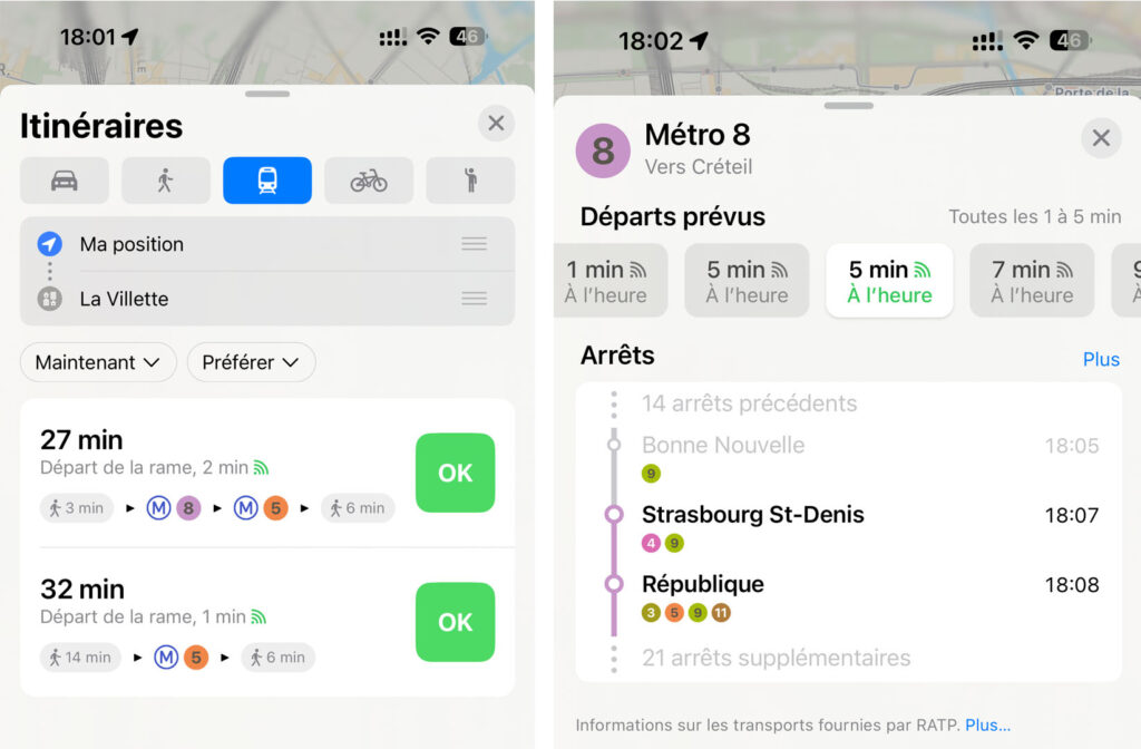 Apple indique que les données sont « fournies par RATP ».