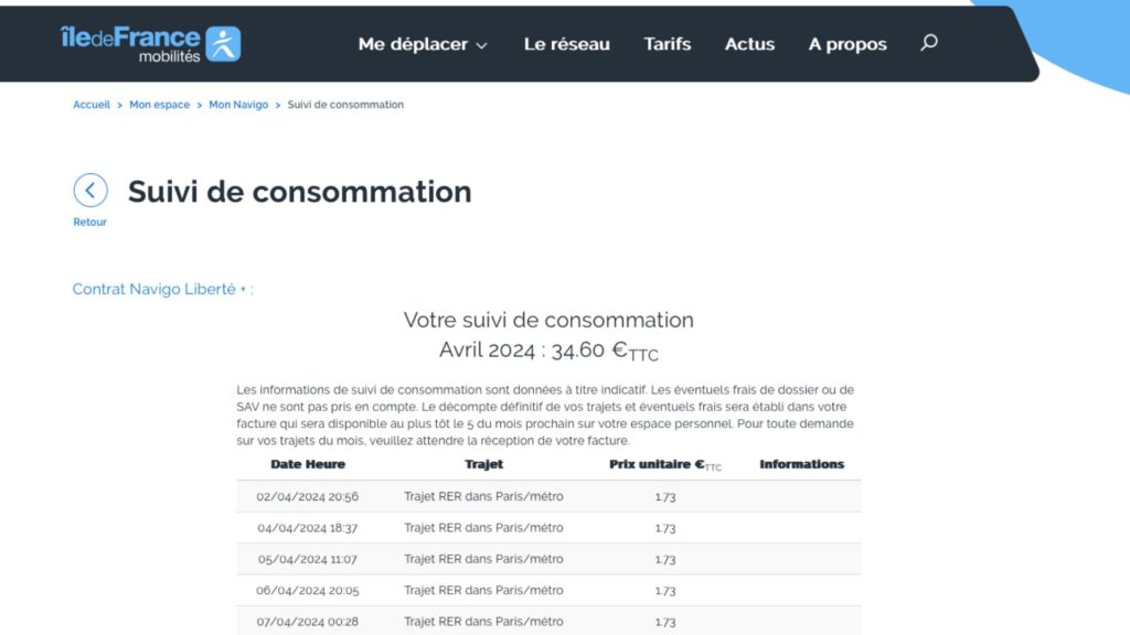 Suivi de consommation d'un Navigo Liberté+. // Source : Capture Numerama