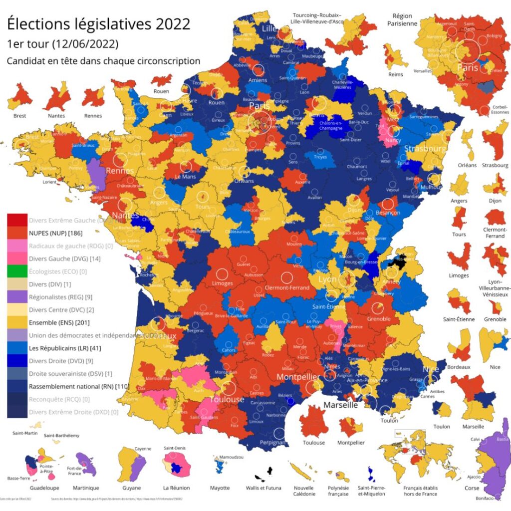 Les résultats par circonscriptions au premier tour des élections législatives en 2022. // Source : Data.gouv