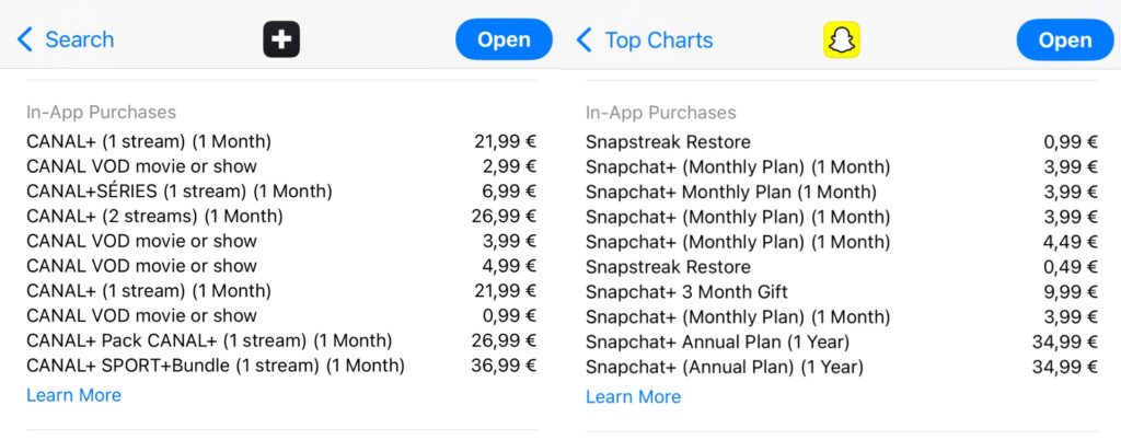 Sur myCANAL et Snapchat, le top 10 des achats in-app permet de savoir ce que les utilisateurs plébiscitent.