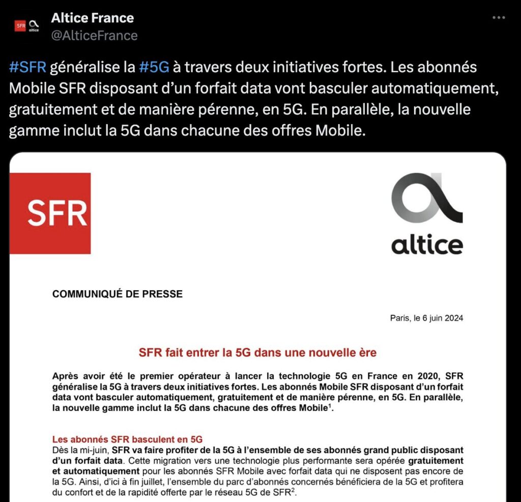SFR a annoncé le basculement de tous ses abonnés vers la 5G dans un comminiqué de presse.