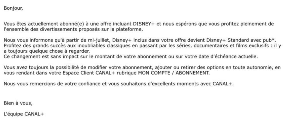 Le mail envoyé par Canal à certains abonnés, le 14 juin 2024