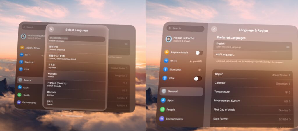 Le choix des langues fait son apparition dans visionOS.