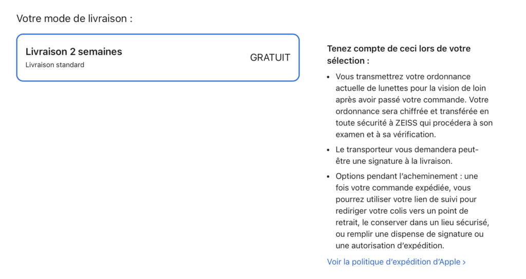 À la commande, Apple précise qu'une ordonnance sera nécessaire pour valider la demande. Apple parle d'une étape « chiffrée et transférée en toute sécurité à ZEISS »