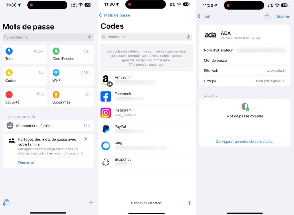 L'interface d'Apple Passwords dans iOS 18. L'app est aussi disponible sur Mac, avec un bouton en haut de l'écran. // Source : Numerama 