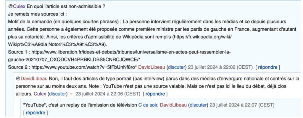 Les justifications des administrateurs pour bloquer la création de la page. // Source : Numerama