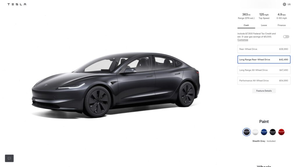 Configurateur américain de la Mode 3 // Source : Capture site Tesla US