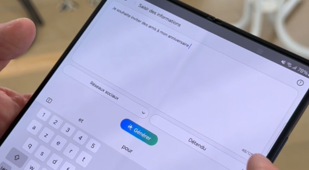 Depuis n'importe quelle application, on peut générer un long message avec un prompt. Il faut utiliser le clavier Samsung/. // Source : Numerama