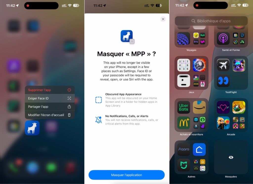 Le masquage d'une app dans iOS 18.