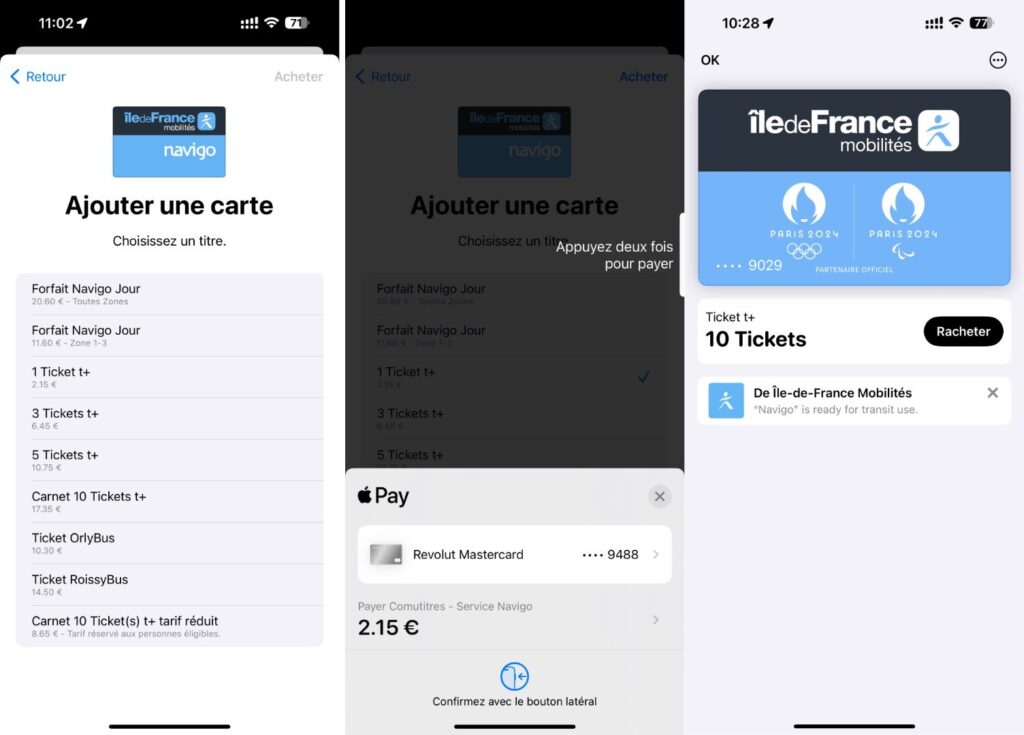 L'achat d'un carnet de tickets de métro avec un iPhone et Apple Wallet.