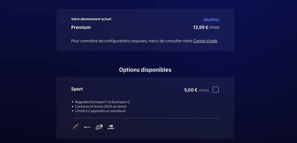 L'abonnement Max Premium donne accès aux programmes en 4K sur 4 écrans. L'option Sport débloque les Eurosport.