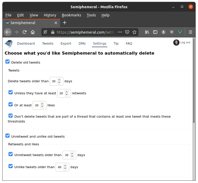 Les paramètres de Semiphemeral, que la nouvelle version compte reproduire // Source : Micah Lee