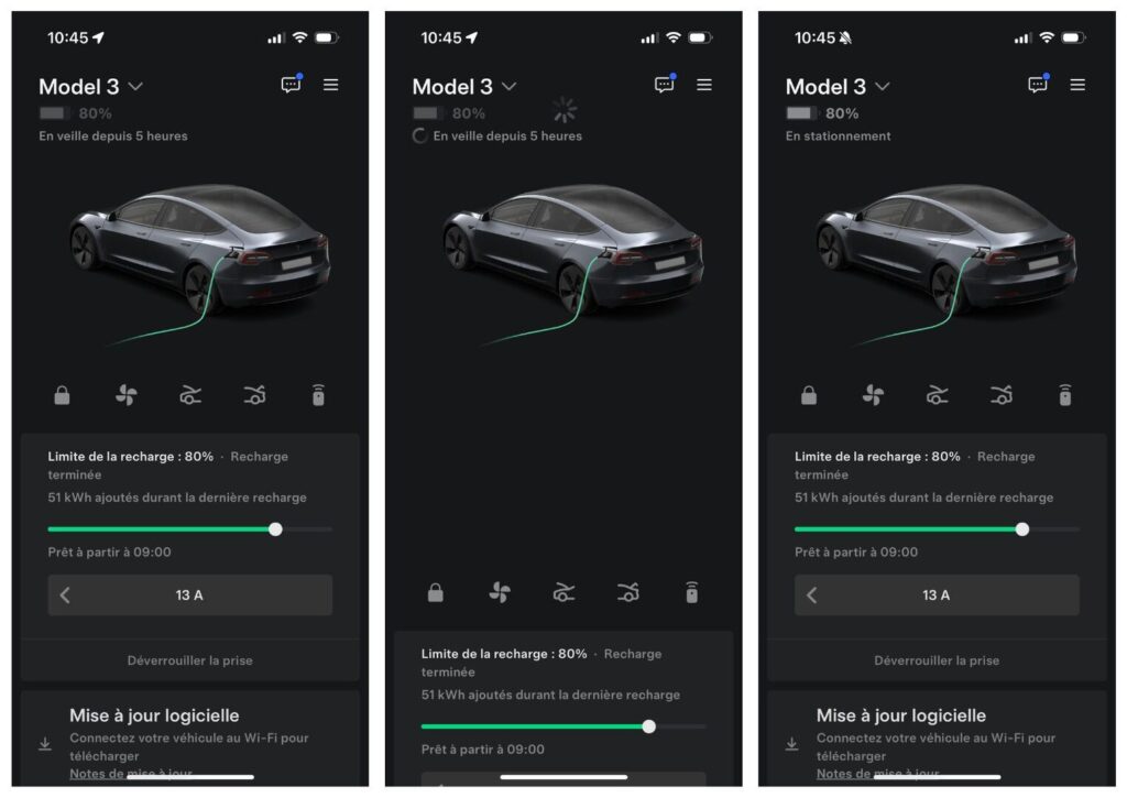 La nouvelle app de Tesla : le mode veille, le rafraîchissement de l'écran et la réponse de la voiture // Source : Captures d'écran Numerama