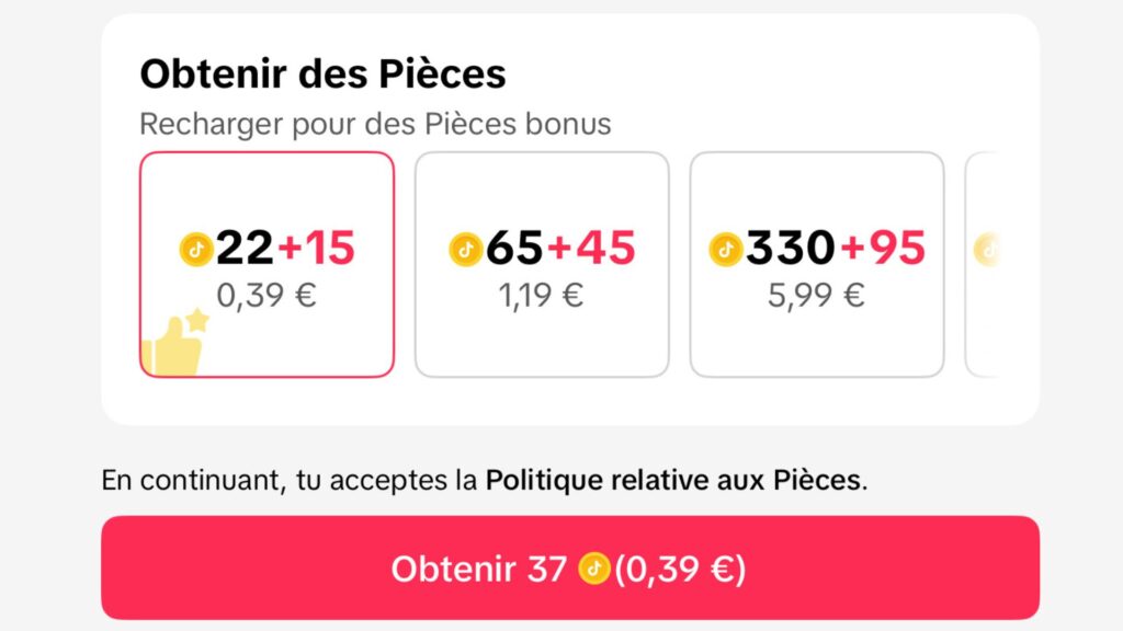 Cadeaux et achat de pièces virtuelles sur TikTok.