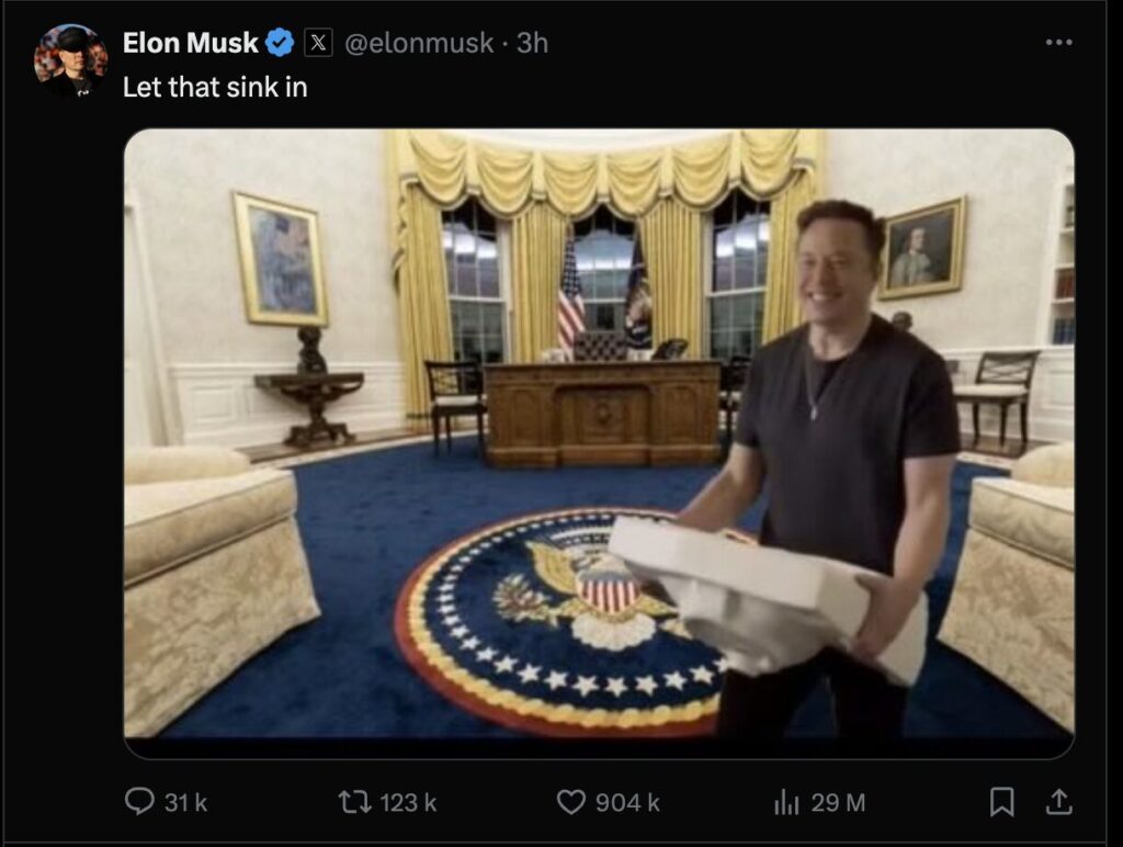 Elon Musk, qui était présent à la soirée de victoire de Trump, a posté cette blague en référence à sa future arrivée à la Maison-Blanche. // Source : X