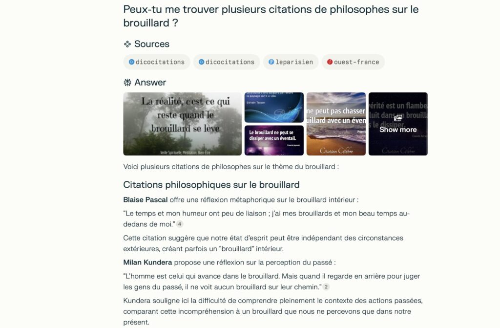 Chaque citation est sourcée dans Perplexity. Un copier-coller ajoute systématiquement les sources en bas de page.