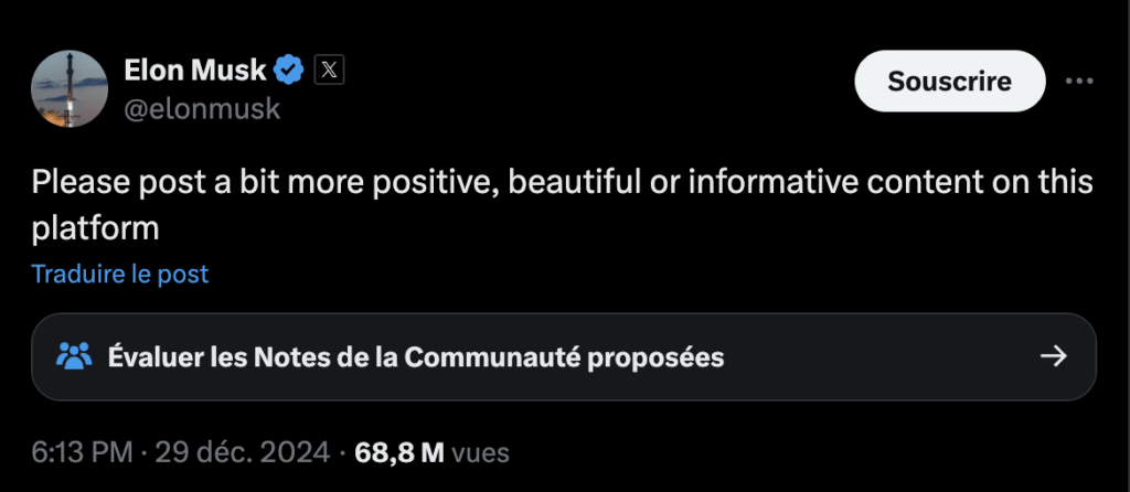 Elon Musk, roi des publications complotistes et controversées, a appelé à l'apaisement sur X le 29 décembre.