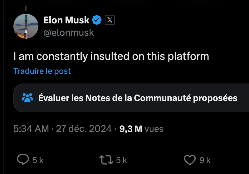 Ironie du week-end : Elon Musk se dit trop insulté sur X. // Source : X