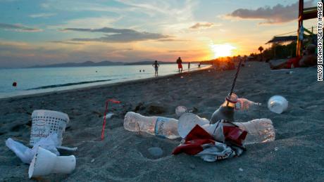 ATHENS, GREECE - JUNE 26: Plastic cups used by tourists on the Aegean sea beach near Athens on June 26, 2018 , Greece . The Mediterranean is one of the seas with the highest levels of plastic pollution in the world .More than 200 million tourists visit the Mediterranean each year causing the 40% increase in marine litter during summer  using  single use plastics including straws and stirrers, plastic cups, water bottles , inflatable pool toys etc which   leads to the general pollution of water and beaches along Mediterranean. (Photo by Milos Bicanski/Getty Images)