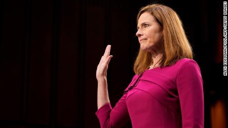 Supreme Court nominee Judge Amy Coney Barrett is sworn into her Senate Judiciary Committee confirmation hearing on Capitol Hill on October 12, 2020 in Washington, DC. 