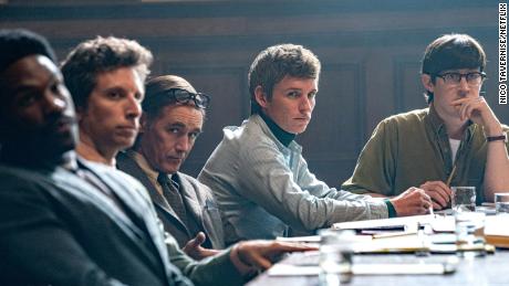  YAHYA ABDUL-MATEEN II as BOBBY SEALE, BEN SHENKMAN as LEONARD WEINGLASS, MARK RYLANCE as WILLIAM KUNTSLER, EDDIE REDMAYNE as TOM HAYDEN, ALEX SHARP as RENNIE DAVIS.