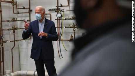 Democratic presidential nominee and former Vice President Joe Biden tours a local plumbers union training center in Erie, Pennsylvania on October 10, 2020. (Photo by Roberto Schmidt/AFP/Getty Images)