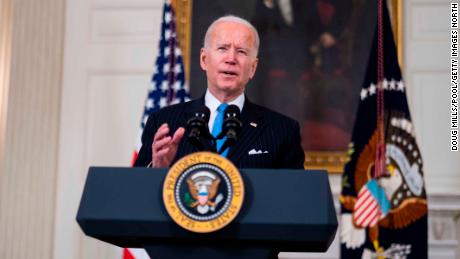 WASHINGTON, DC - MARCH 2: U.S. President Joe Biden speaks in the State Dining Room of the White House on March 2, 2021 in Washington, DC. President Biden spoke about the recently announced partnership between Johnson &amp; Johnson and Merck to produce more J&amp;J COVID-19 vaccine. (Photo by Doug Mills-Pool/Getty Images)