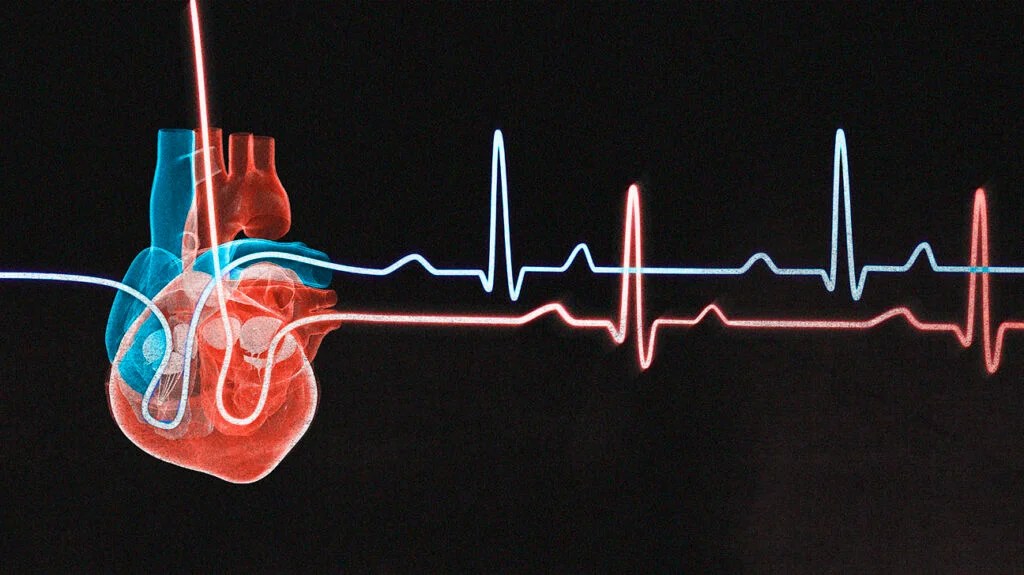 Human heart with a heartbeat traces illustrating cardiac muscle