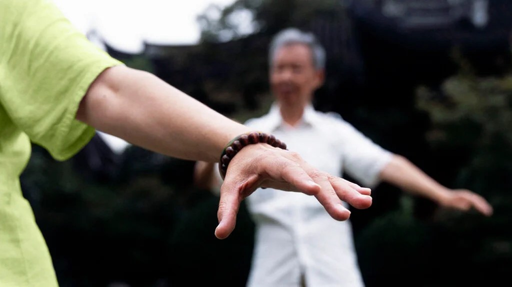 Close up of a hand in a tai chi stance with person in the background doing tai chi-1.