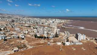 Aerial view of Derna and destruction caused by floodwaters after dams burst