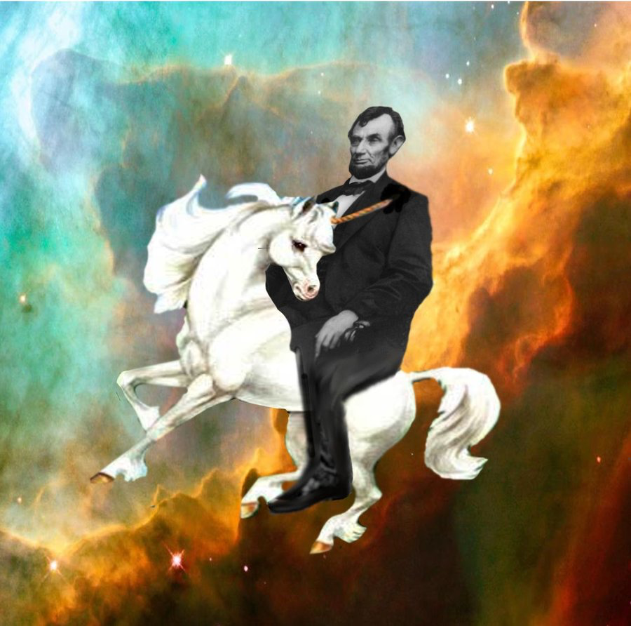 Abraham Lincoln riding a unicorn through outer space.