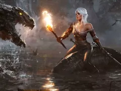 Ciri with a torch and a water dragon, The Witcher 3 game